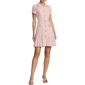 Mac Duggal Boucl&eacute; Cap Sleeve Button Up Pleated Mini Dress in Pink at Nordstrom, Size 12