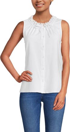 Lands End Lightweight Jersey Button Front Lace Trim Tank in White at Nordstrom, Size X-Large