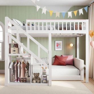 OEM Cama Litera Infantil 140x200cm Blanco Pulido - Cama Mezzanine Infantil Loft Adolescente De Dos Pisos Con Escalera De Almacenamiento Y Cerca Estrella