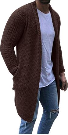 Generic Mens Long Cardigans with Side Pockets Lightweight Open Front Jumper Breathable Long Sleeve Knitwear Chunky Knit Jacket Coat Plain Ribbed Sweater Warm 
