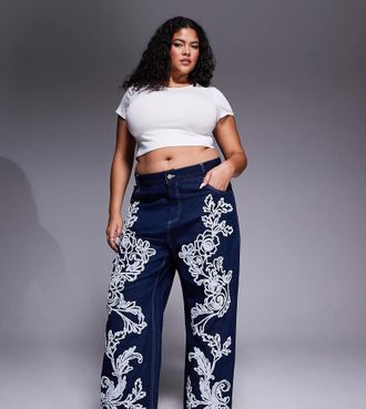 Asos Curve - Dream Cornelli - Jeans dritti blu lavaggio scuro con dettagli decorati