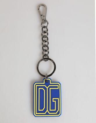 Dolce & Gabbana Blauwe Gele DG Rubber Logo Zilveren Mannen Sleutelhanger Sleutelsring