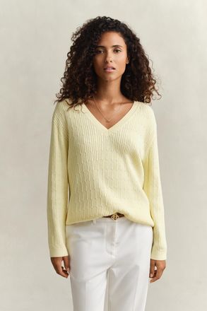 GANT Women Cable Knit V-Neck Sweater (XXL) VANILLA YELLOW