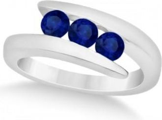 Allurez Blue Sapphire 3 Stone Journey Ring Tension Set 14K White Gold 0.90ctw