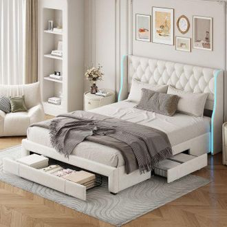 OEM Estructura De Cama 160x200 Cm De Terciopelo Beige Con 3 Cajones, Led Integrada Y Somier De Lamas - Contempor&aacute;neo