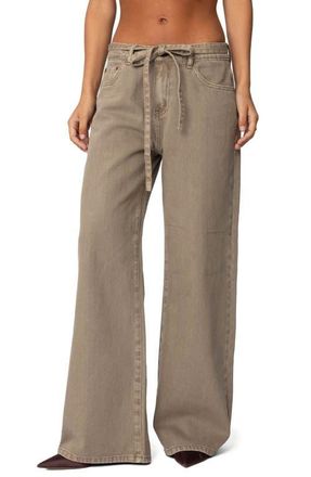 Edikted Hudson Oversize Tie Belt Wide Leg Jeans in Olive-Washed at Nordstrom, Size Medium