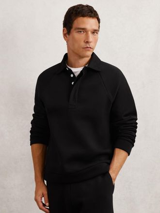 Reiss Black Cotton-blend Fleece-back Polo Shirt, M