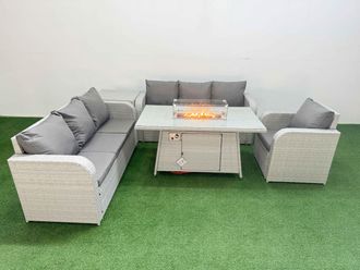 Fimous 7 Seater Poly Rattan Outdoor Garden Furniture Firepit Dining Table Sofa Set Patio 3 Seater Sofa Reclining Chair 3 Seater Sofa Side Table Light