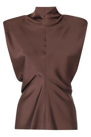 Federica Tosi Dark Brown Padded Straps Pleated Front Acetate-Blend Blouse