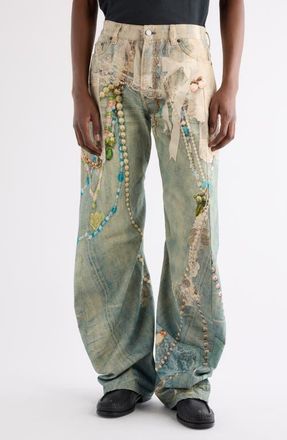 Acne Studios 2006M Relaxed Fit Trompe lOeil Jeans in White/Green/Denim at Nordstrom, Size 38 Us