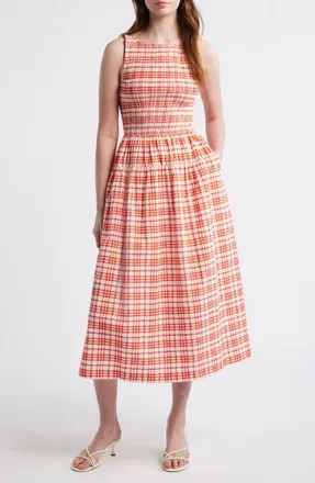ZOE AND CLAIRE Smocked Plaid Sleeveless Midi Dress in Red at Nordstrom, Size X-Large