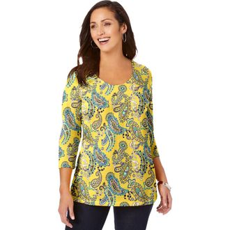 Jessica London Stretch Cotton Scoop Neck Tee in Yellow Playful Paisley at Nordstrom, Size 40