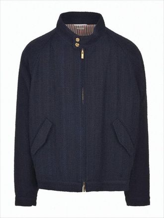 Thom Browne Textured Navy Casual Jacket With Gold-Tone Hardware And Tri-Color Stripe