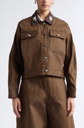 Simone Rocha Embellished Crop Utility Pocket Denim Workwear Jacket in Tan/pearl/clear at Nordstrom, Size 10