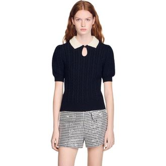 Sandro Detachable collar cable knit sweater in Black at Nordstrom, Size X-Small