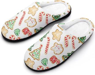 Generic Christmas Tree Candy Cane Star Cookies Mens Slippers Slip On Comfortable Fleece Cotton House Shoes Winter