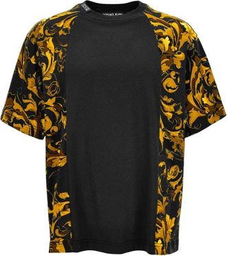 Versace Jeans Couture Tops, Heren, Zwart, XL, Zwart Barocco Print Crew Neck T-shirt