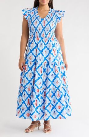 Sugarlips New Guinea Sunfire Tiered Midi Dress in Whtblue-Multi at Nordstrom, Size 3X