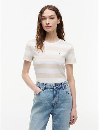 Tommy Hilfiger Womens Rugby Stripe Crewneck T-Shirt - Beige - XXL