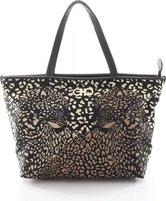 Ferragamo Beige Black Ivory Nylon Leather Handbag Tote Bag (Pre-Owned)