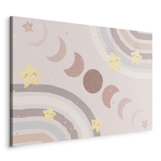 OEM Imagen - Cielo Alegre - Estrellas Amarillas Y Alegres Con Un Arco&iacute;ris Sobre El Fondo De Las Fases Lunares En El Cielo En Tonos Beige Claro / Fases Lun