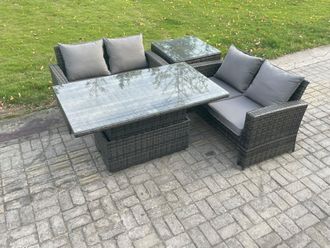 Fimous 4 Pieces Garden Furniture Sets Poly Rattan Outdoor Patio Height Adjustable Rising Lifting Table Sofa Dining Set in Dark Grey