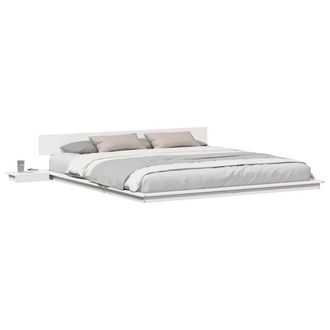 Berkfield Home White Floor Bed Frame with Bedside Tables White 200x200cm Solid Wood | Size: 200x200 cm