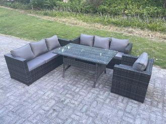 Fimous Outdoor Lounge Sofa Garden Furniture Set Rattan Rectangular Table Patio Chair 7 Seater in Dark Grey