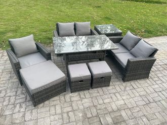Fimous 8 Seater Outdoor Garden Dining Set Wicker PE Rattan Furniture Sofa with Dining Table Double Seat Sofa Side Table 3 Footstools in Dark Grey