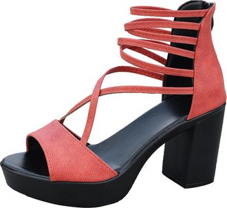 Generic Womens Chunky Block High Heels Platform Sandals Ankle Strap Zip Up Comfort Open Toe Casual Dress Pumps Shoes (5.5,Red)