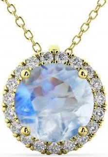 Allurez Halo Round Moonstone & Diamond Pendant Necklace 14k Yellow Gold (2.09ct)