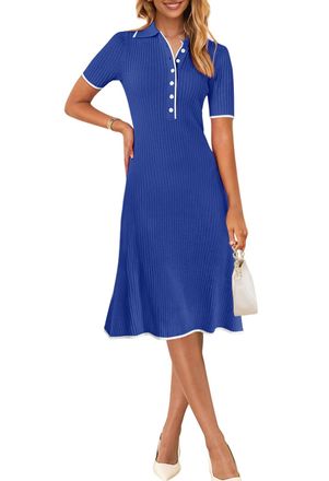Merokeety Womens V Neck Ribbed Knit Midi Dress Short Sleeve Button Elegant Bodycon Sweater Dresses, Kleinblue, L