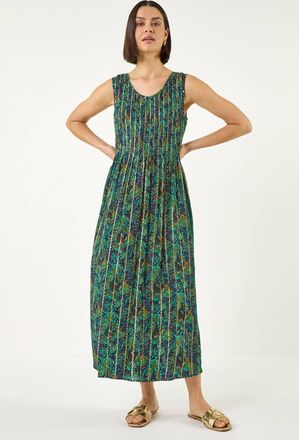 Roman Paisely Leaf Print Shirred Midi Dress