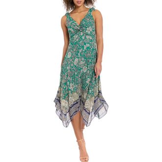 London Times Floral Twist Front Sleeveless Handkerchief Hem Midi Dress in Ivory/Greenlake at Nordstrom Rack, Size 14