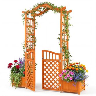 Costway Costway Garden Arbor Wooden Garden Arch w/Gate&2 Planter Boxes&Drainage Holes in Brown