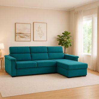Dmora Sof&aacute; Fijo Con Chaise Longue Cintano, Desenfundable, Reversible Hecho En Italia, Impermeable Multiposici&oacute;n, 285x160 Cm Azul