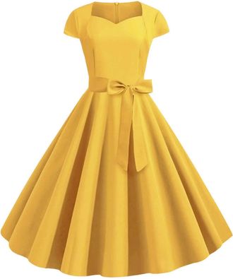 Generic Women 1950s Vintage Retro Rockabilly Dress V Neck Cap Sleeve A Line 50s 60s Solid Colour Swing Party Cocktail Dresses Cocktail Dress Elegant for Weddi