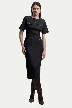 Karen Millen Tailored Denim Belted Midi Dress in Indigo at Nordstrom, Size 12