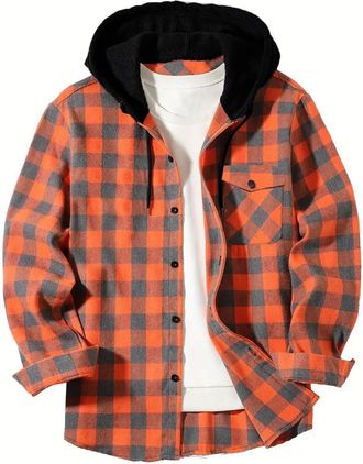 Generic Mens Lumberjack Jacket Long Sleeve Hooded Flannel Shirts Casual Drawstring Button Down Work Plaid Hoodie Adult Regular Fit Lightweight 4 Seasons Lumbe