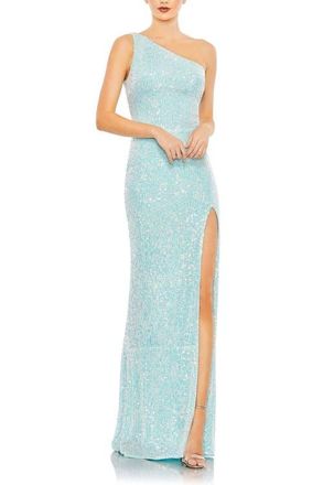 Mac Duggal Sequined One Shoulder Draped Back Gown in Ice Blue at Nordstrom, Size 14