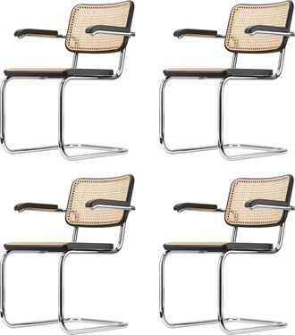 Thonet S 64 V Armlehnstuhl, Chrom / Buche schwarz gebeizt (TP 29) / Rohrgeflecht mit Kunststoffst&uuml;tzgewebe (4er-Set)