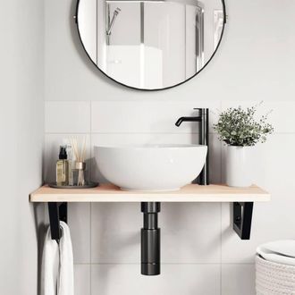 Berkfield Home Elegant Basin Shelf Wall Mounted Steel & Solid Wood Oak in Light Brown