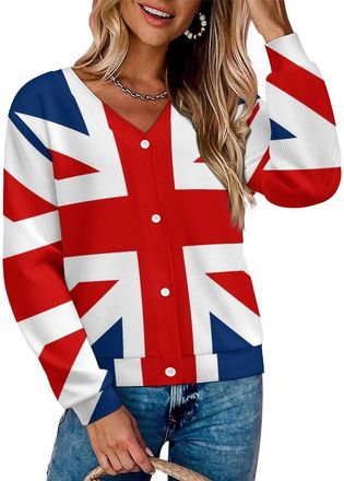 Generic British Flag Women Cardigan Sweaters Button Sweatshirt Outerwear V-Neck Coats Multicolor