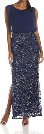 Aidan Mattox Overlay Sequined Long Evening Dress In Navy