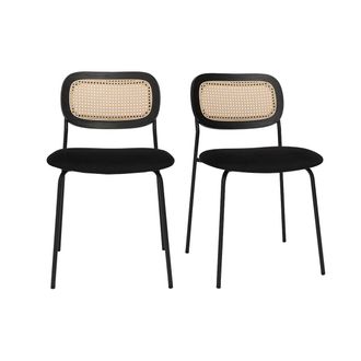 Miliboo Sillas De Dise&ntilde;o De Terciopelo Negro, Metal Negro Y Ca&ntilde;a De Rat&aacute;n (juego De 2) Miranda