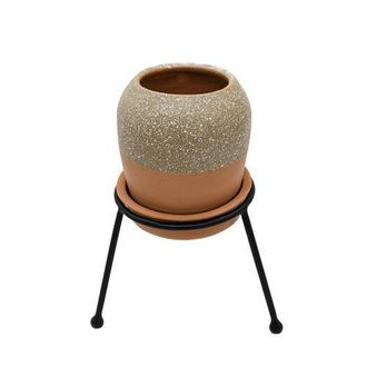 Foreside Home And Garden Splatter Planter Saucer & Stand Black Metal & Tan Terracotta in Beige at Nordstrom