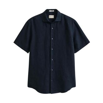 GANT Short Sleeve Shirts, male, Blue, Size: 2XL Regular Fit Cotton-Linen Short Sleeve Shirt