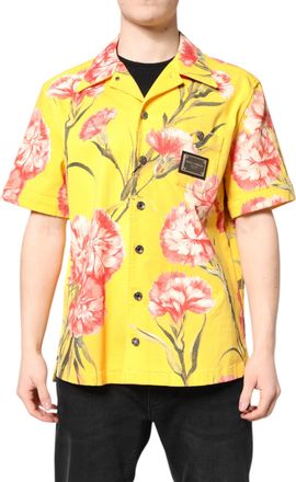 Dolce & Gabbana Yellow Floral Men Button Down Casual Shirt Cotton Elastane