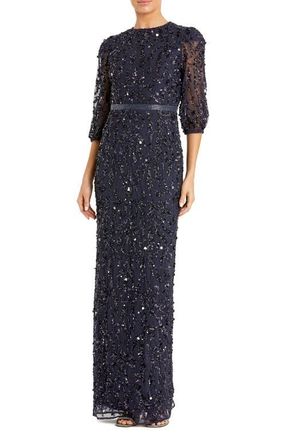 Mac Duggal Sequined Elbow Sleeve Gown in Midnight at Nordstrom, Size 14