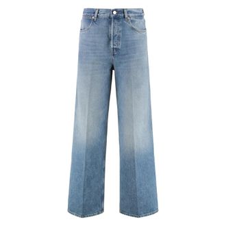 Gucci Wijde jeans met leren label - Dames - Loose Fit Jeans - Blauw - W27 - Katoen - Jeans